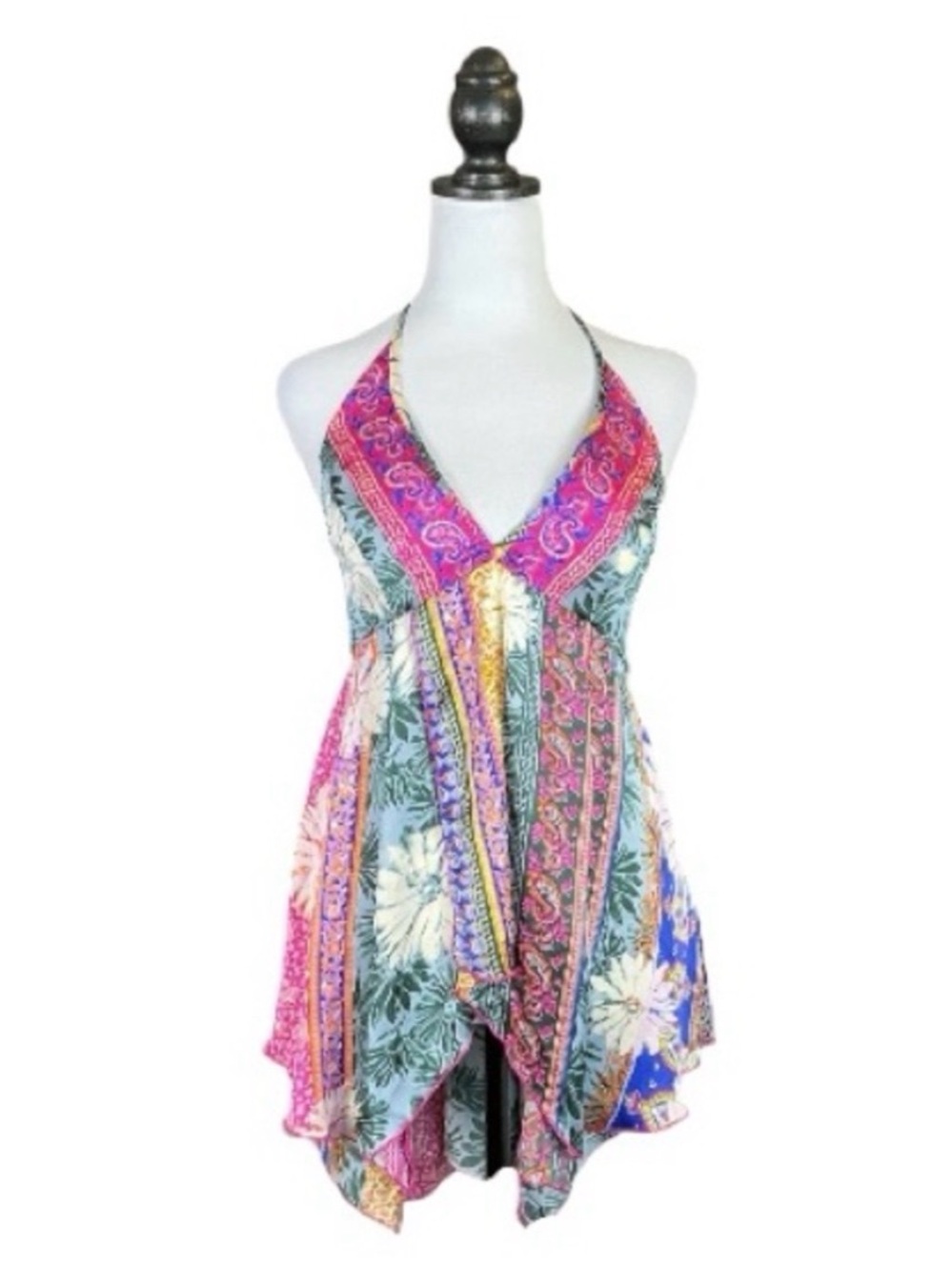 Boho Patchwork Halter Mini Dress in Pink, Teal & Cream